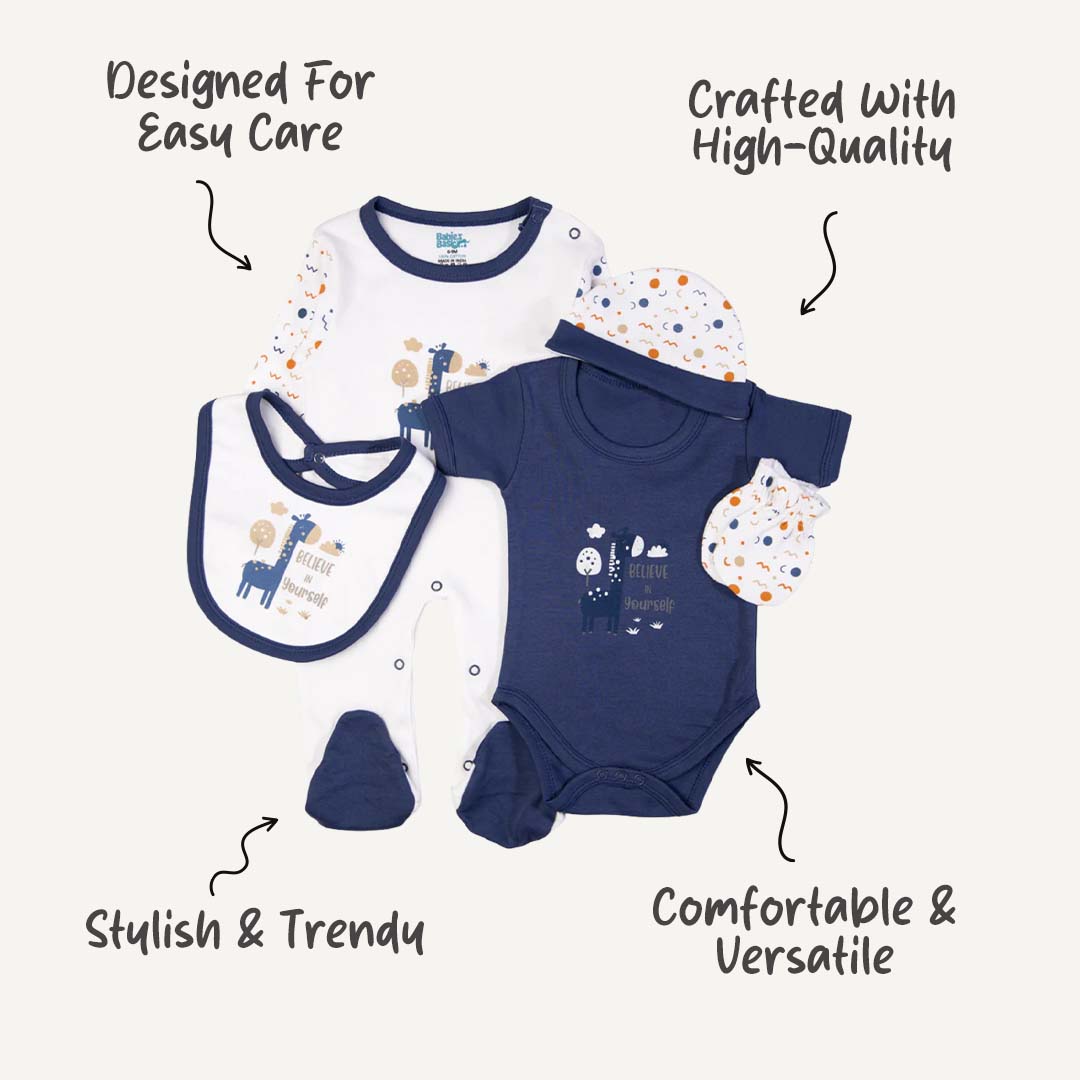 5pc Cotton Set - Bib, Romper, Mittens, Cap, Sleepsuit - Believe in Yourself - Air Force Blue