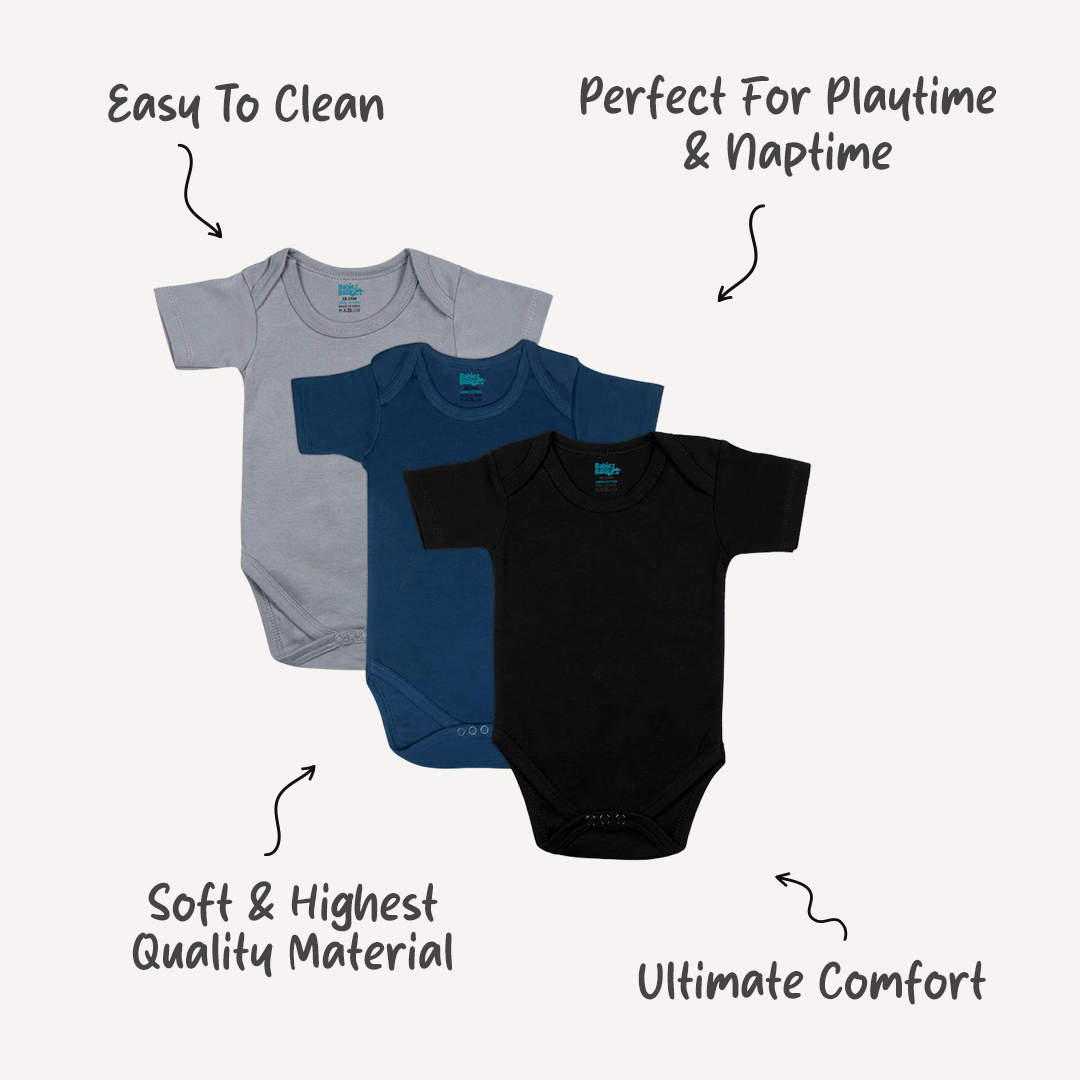 Set of 3 Short Sleeves Rompers/Bodysuits (Black, Navy, Grey) - Up to 24 Months | 100% Cotton |  For Stylish Comfort