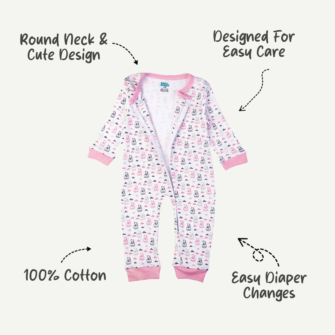 Babies Basic - Printed Cotton Long Sleeves Sleepsuit/Romper - Pink/White