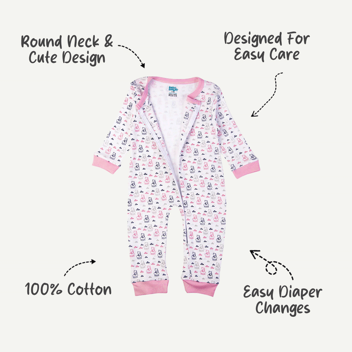 Babies Basic - Printed Cotton Long Sleeves Sleepsuit/Romper - Pink/White
