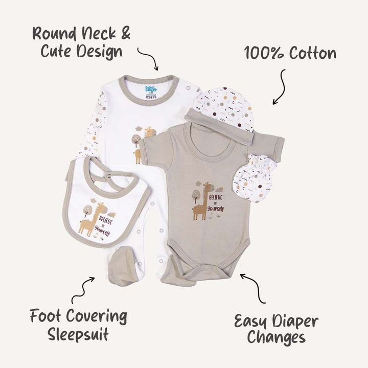 5pc Cotton Set - Bib, Romper, Mittens, Cap, Sleepsuit - Believe in Yourself - Grey