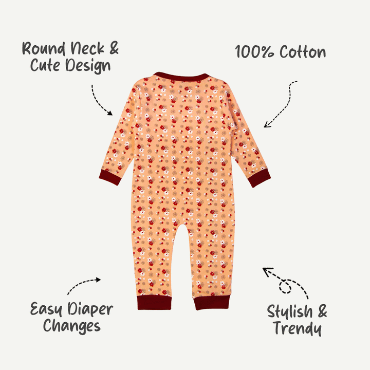 Babies Basic - Printed Cotton Long Sleeves Jumpsuit/Romper - Orange/Red