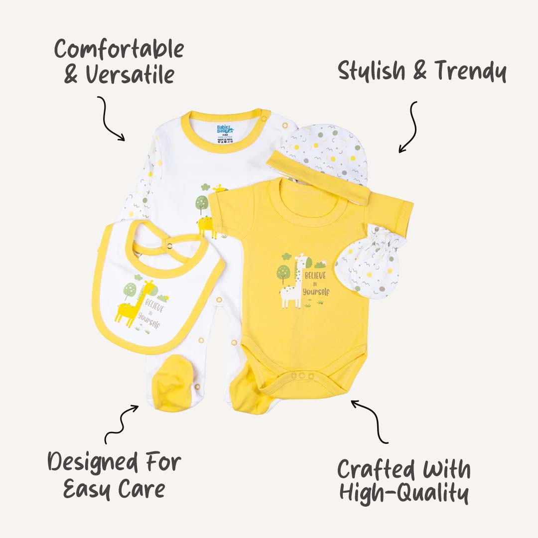 5pc Cotton Set - Bib, Romper, Mittens, Cap, Sleepsuit - Believe in Yourself - Lemon/Yellow
