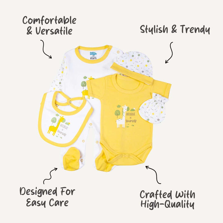 5pc Cotton Set - Bib, Romper, Mittens, Cap, Sleepsuit - Believe in Yourself - Lemon/Yellow