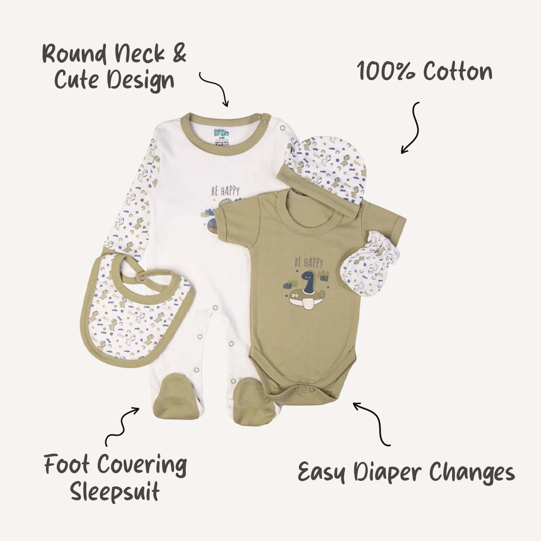 5pc Cotton Set - Bib, Romper, Mittens, Cap, Sleepsuit - Be Happy - Light Green
