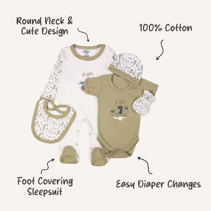 5pc Cotton Set - Bib, Romper, Mittens, Cap, Sleepsuit - Be Happy - Light Green