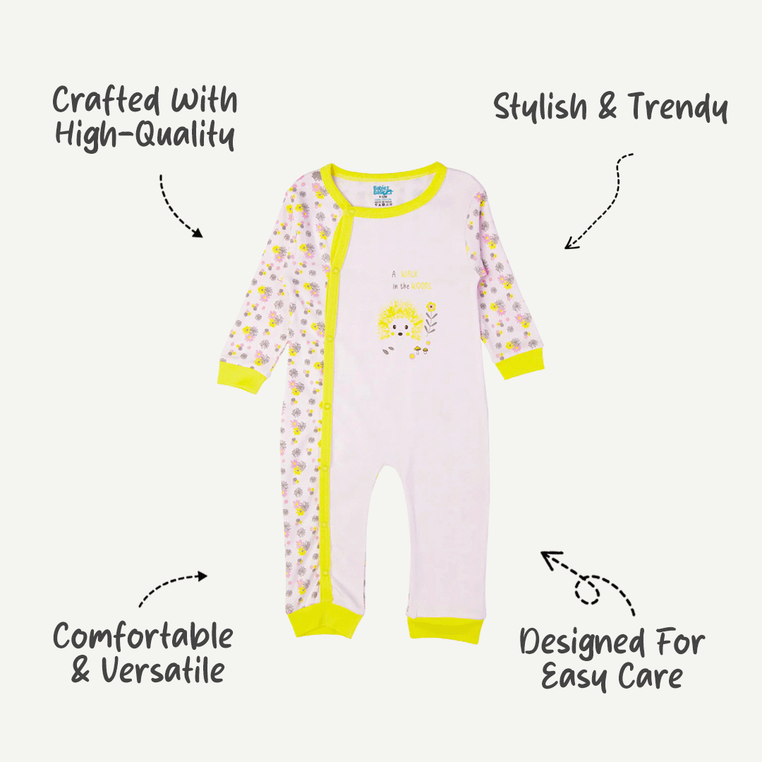Babies Basic - Printed Cotton Long Sleeves Jumpsuit/Romper - Yellow/White