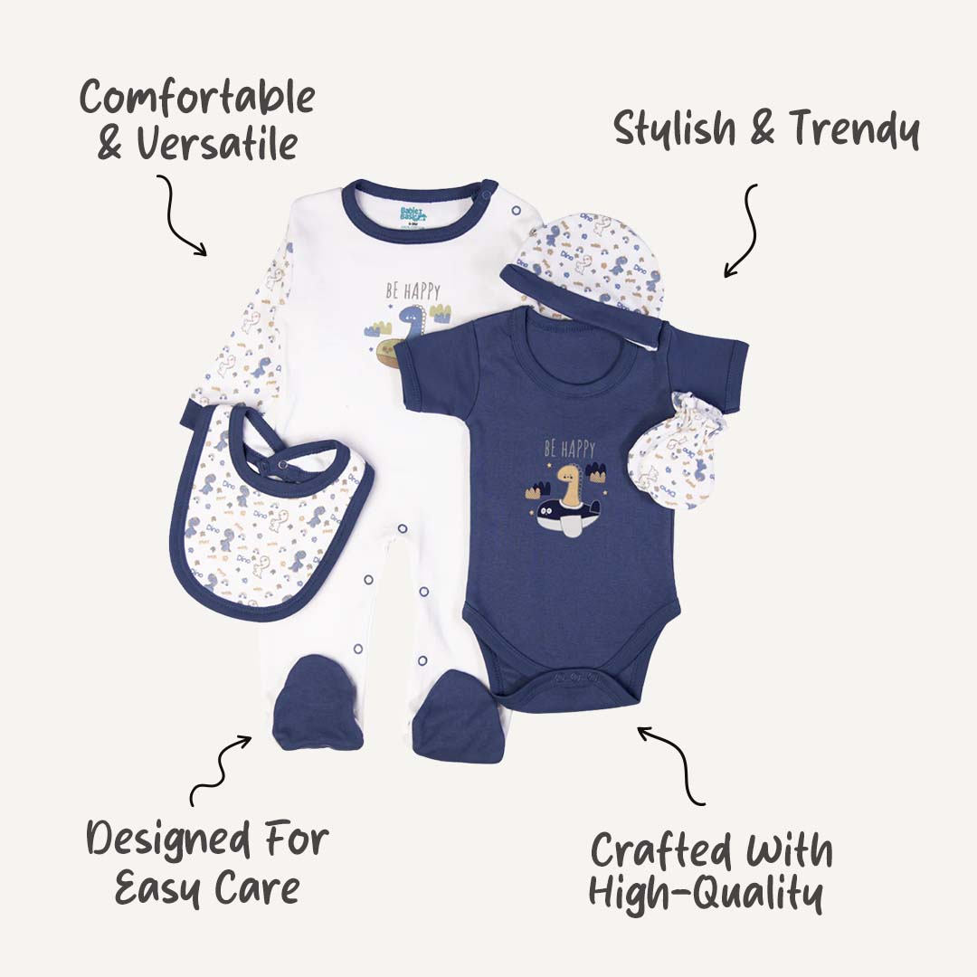 5pc Cotton Set - Bib, Romper, Mittens, Cap, Sleepsuit - Be Happy - Dark Sky Blue