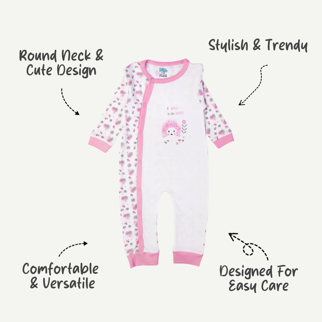 Babies Basic - Printed Cotton Long Sleeves Jumpsuit/Romper - Pink/White