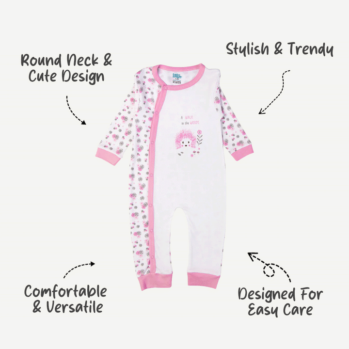 Babies Basic - Printed Cotton Long Sleeves Jumpsuit/Romper - Pink/White