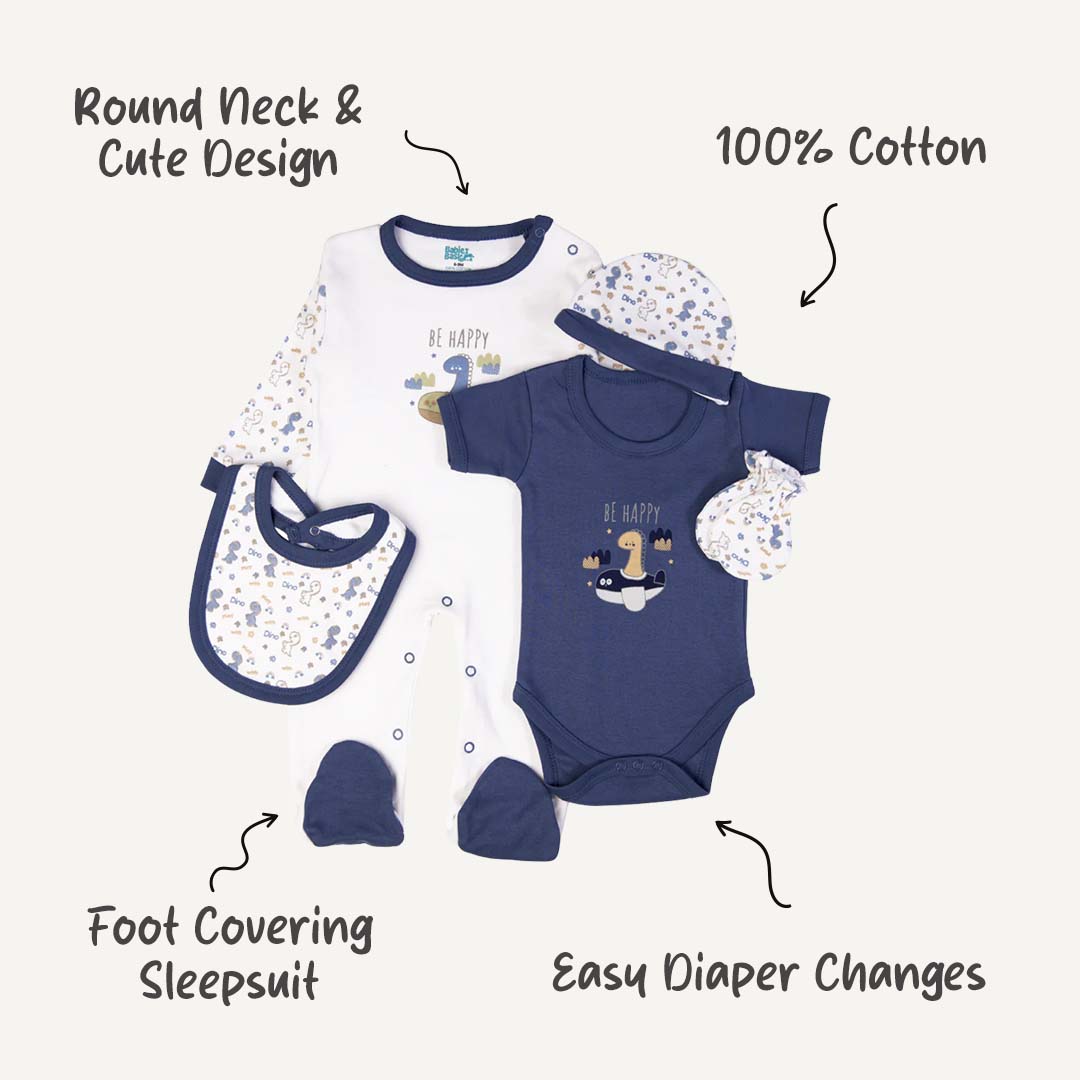 5pc Cotton Set - Bib, Romper, Mittens, Cap, Sleepsuit - Be Happy - Air Force Blue