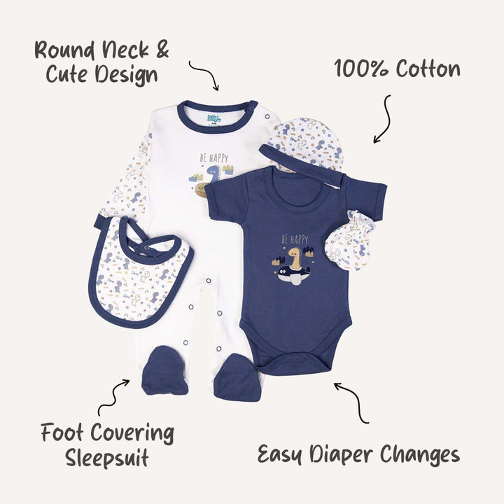 5pc Cotton Set - Bib, Romper, Mittens, Cap, Sleepsuit - Be Happy - Air Force Blue