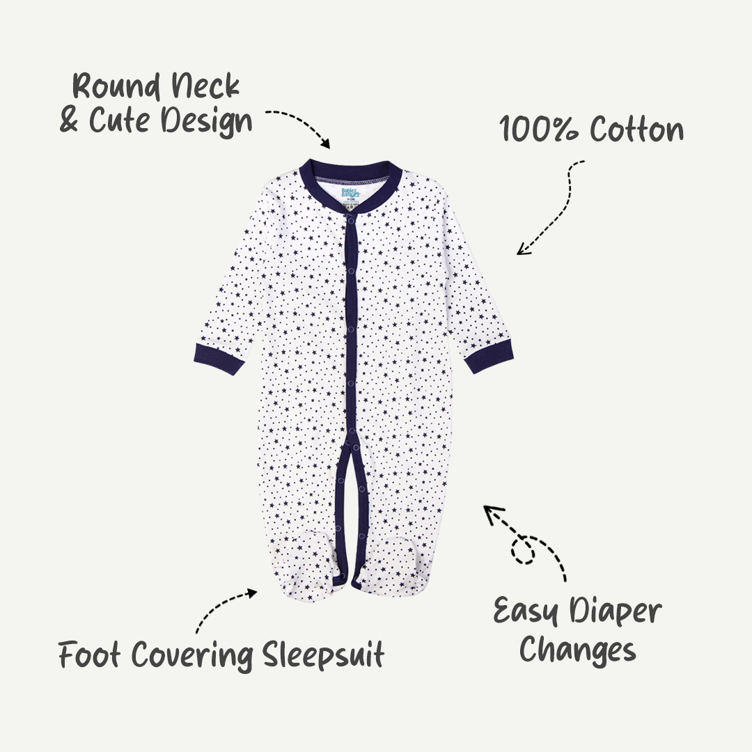 Babies Basic - Printed Cotton Long Sleeves Sleepsuit/Romper -White/Blue