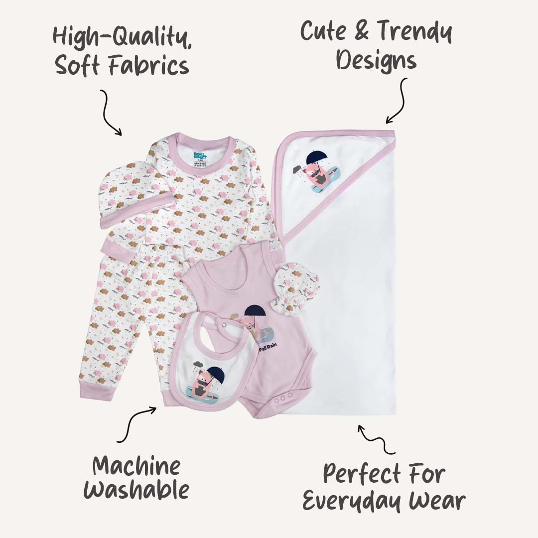 7pc Cotton Set - Bib, Romper, Mittens, Blanket, Cap, Top & Pyjama - Mouve