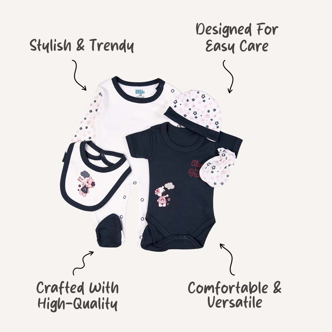 5pc Cotton Set - Bib, Romper, Mittens, Cap, Sleepsuit - Always be Brave - Navy Blue