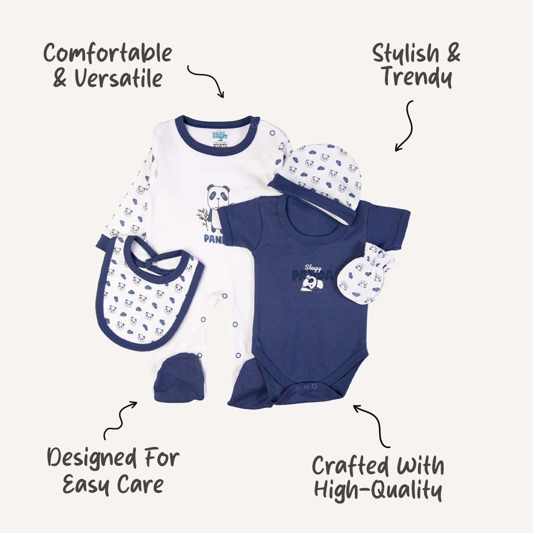 5pc Cotton Set - Bib, Romper, Mittens, Cap, Sleepsuit - Sleepy Panda - Air Force Blue