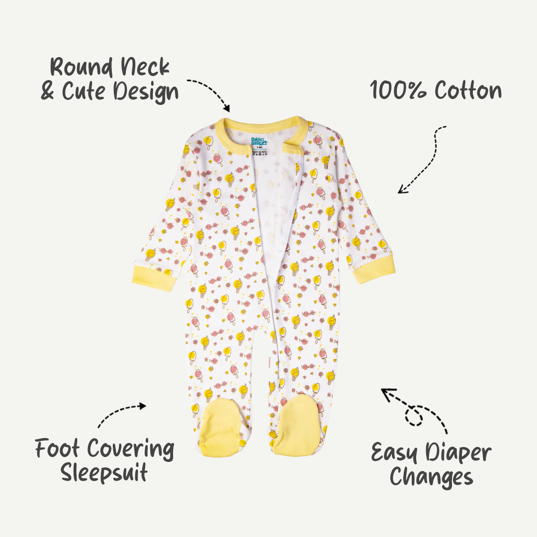 Babies Basic - Printed Cotton Long Sleeves Jumpsuit/Romper - White/Yellow