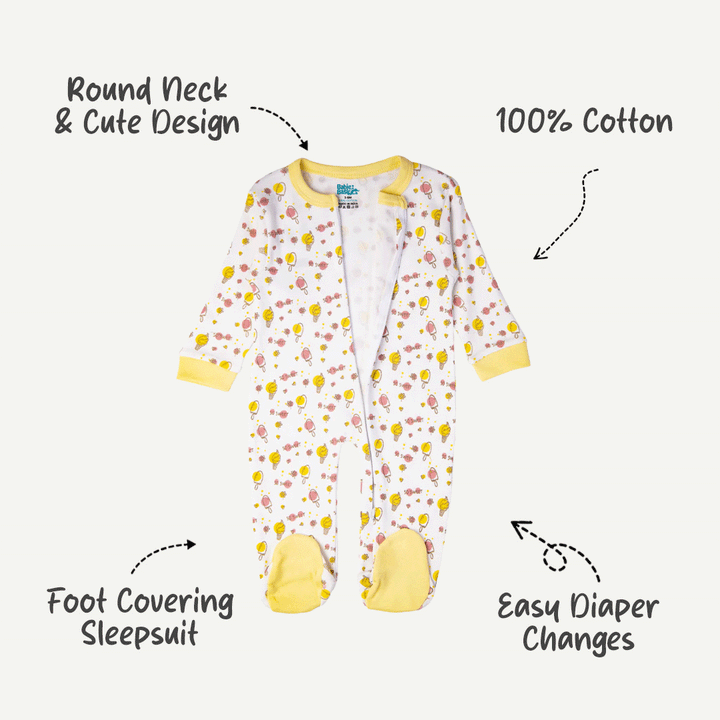 Babies Basic - Printed Cotton Long Sleeves Jumpsuit/Romper - White/Yellow