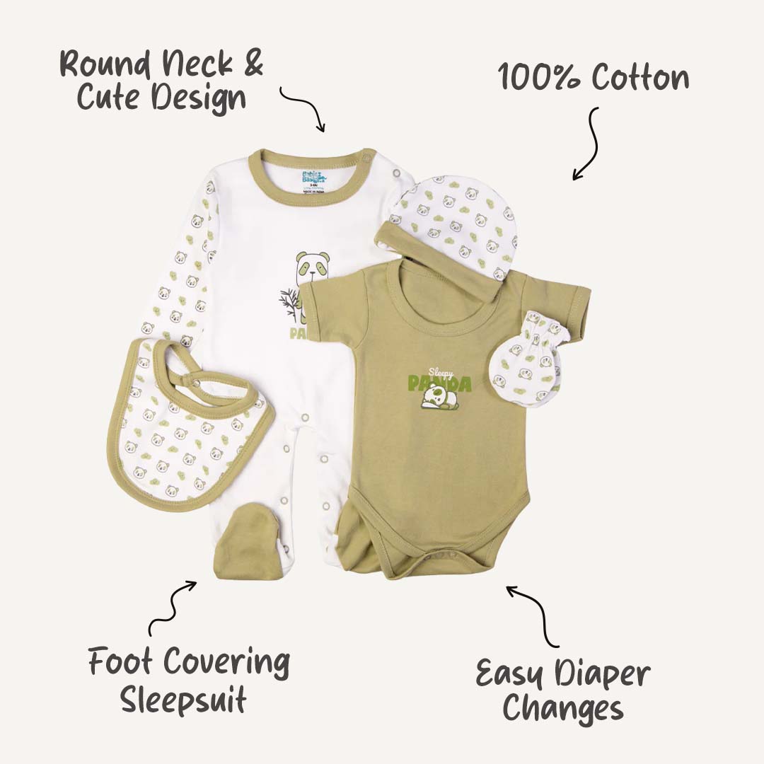 5pc Cotton Set - Bib, Romper, Mittens, Cap, Sleepsuit - Sleepy Panda - Light Green
