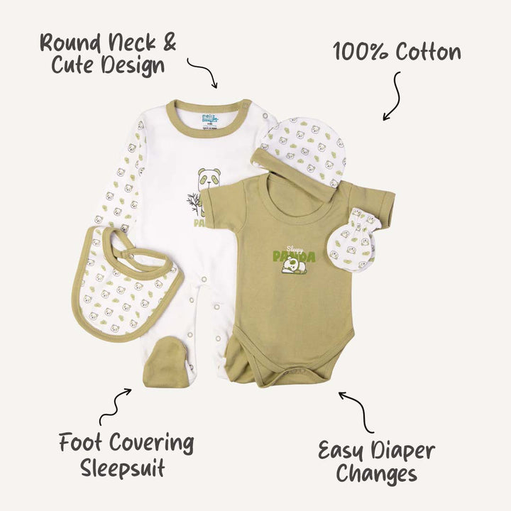 5pc Cotton Set - Bib, Romper, Mittens, Cap, Sleepsuit - Sleepy Panda - Light Green