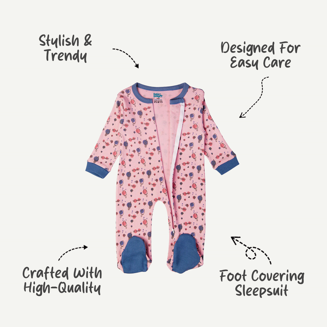 Babies Basic - Printed Cotton Long Sleeves Jumpsuit/Romper - Pink