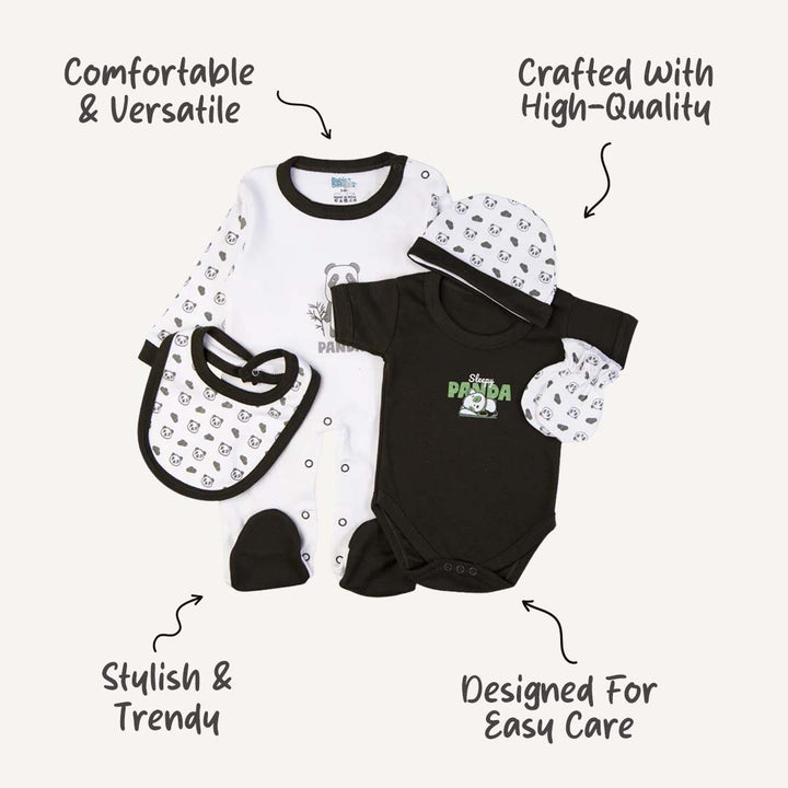 5pc Cotton Set - Bib, Romper, Mittens, Cap, Sleepsuit - Sleepy Panda - Olive Green