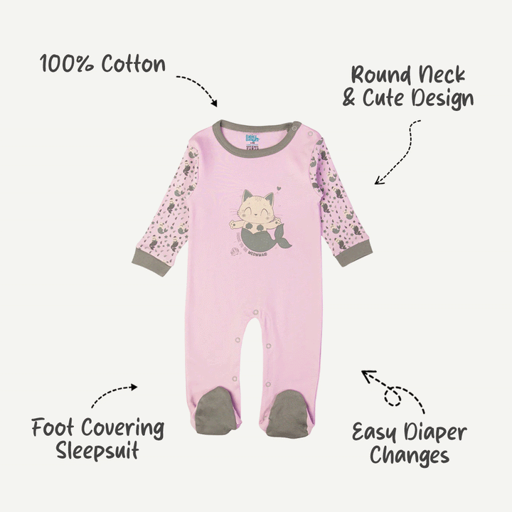 Babies Basic - Printed Cotton Long Sleeves Jumpsuit/Romper - Purple