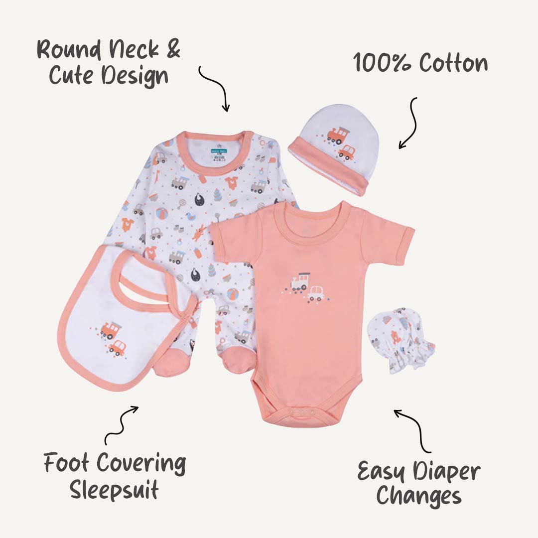 5 Piece Unisex Baby Clothing Set - Orange | 100% Cotton | Comfortable & Stylish