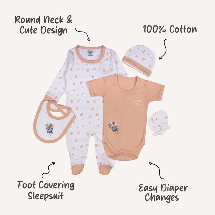 Buy Unisex 5 Piece Baby Set | Babies Basic | Cozy & Stylish | Set Include Bib, Romper, Mittens, Cap And Sleepsuit/Jumpsuit