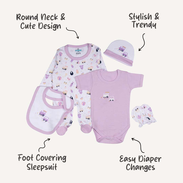 100% Cotton | 5 Piece Unisex Baby Clothing Set - Purple | Soft & Trendy