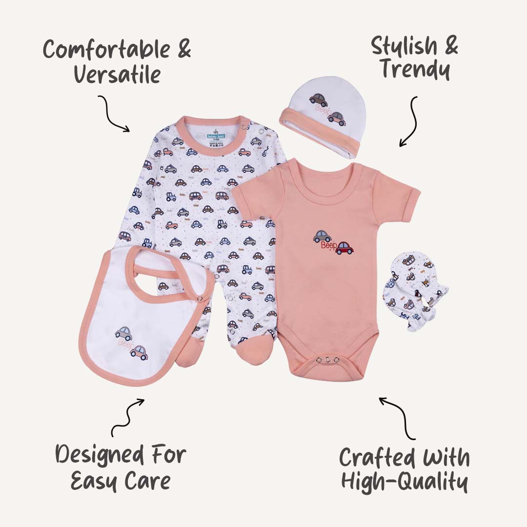 Babiesbasic 5 Piece Unisex Baby Clothing Set - Peach | 100% Cotton | Bright & Cheerful