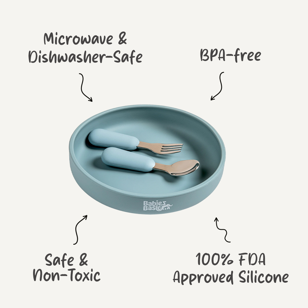 Babies Basic Silicone Feeding Set with Silicone Suction Plate, Spoon and Fork
