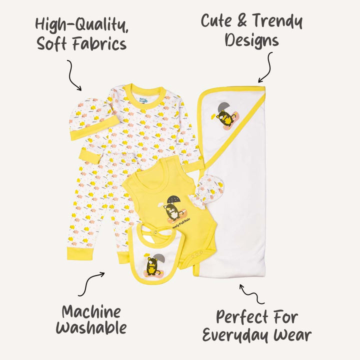 7pc Cotton Set - Bib, Romper, Mittens, Blanket, Cap, Top & Pyjama - Lemon/Yellow