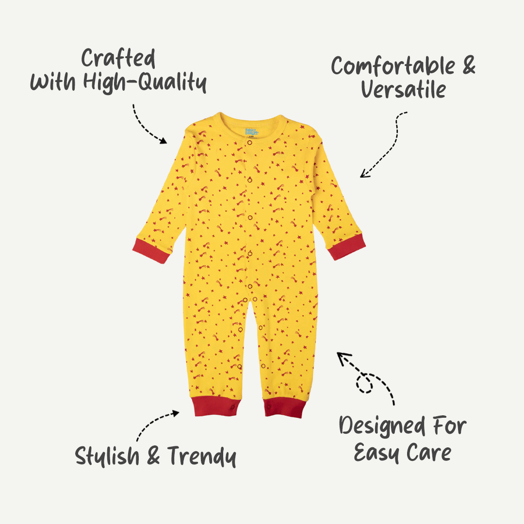 Babies Basic - Printed Cotton Long Sleeves Sleepsuit/Romper -Yellow/Red