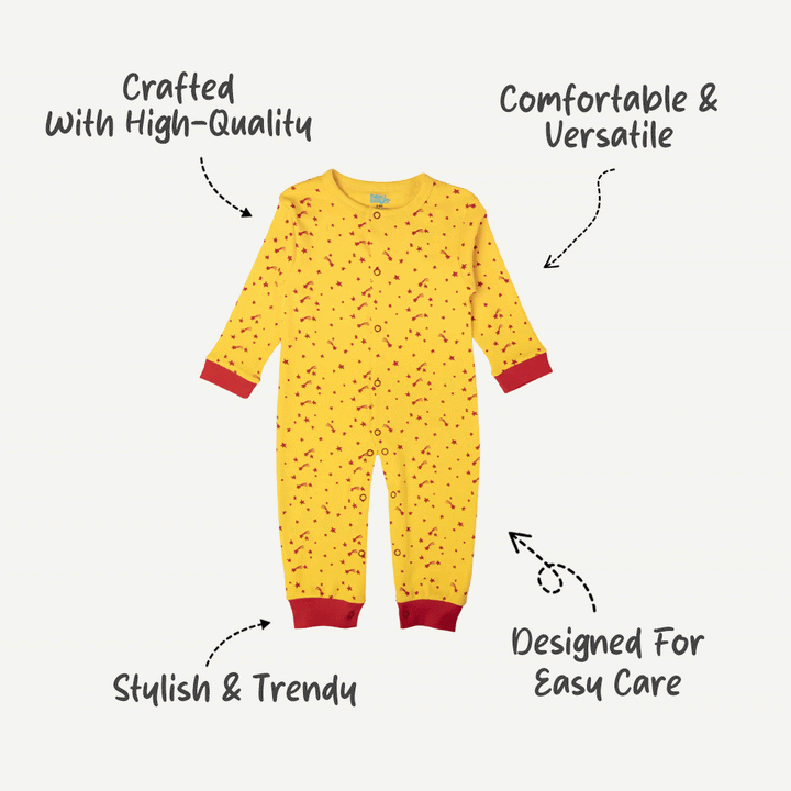 Babies Basic - Printed Cotton Long Sleeves Sleepsuit/Romper -Yellow/Red