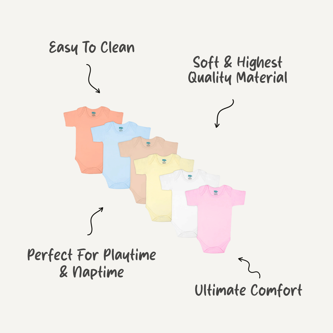 Babies Basic - 6pc-Set - 100% Cotton ShortSleeves Bodysuit ‚ Blue, Brown, Orange, Pink, Yellow, White