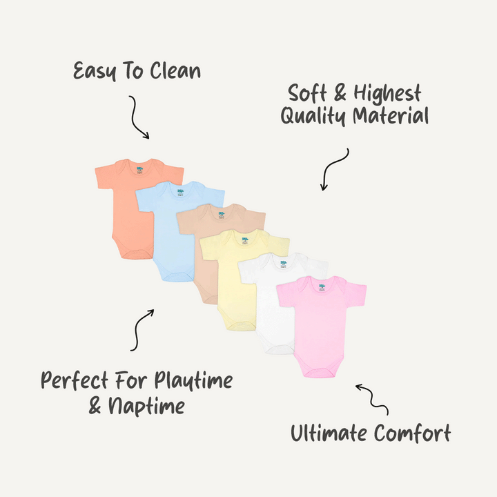 Babies Basic - 6pc-Set - 100% Cotton ShortSleeves Bodysuit ‚ Blue, Brown, Orange, Pink, Yellow, White