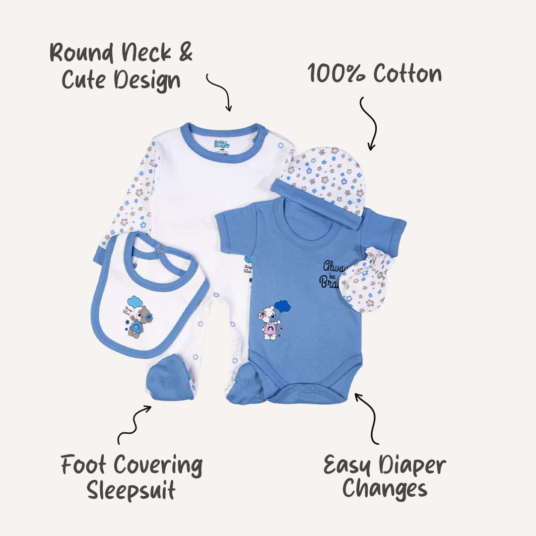 5pc Cotton Set - Bib, Romper, Mittens, Cap, Sleepsuit - Always be Brave - Sky Blue