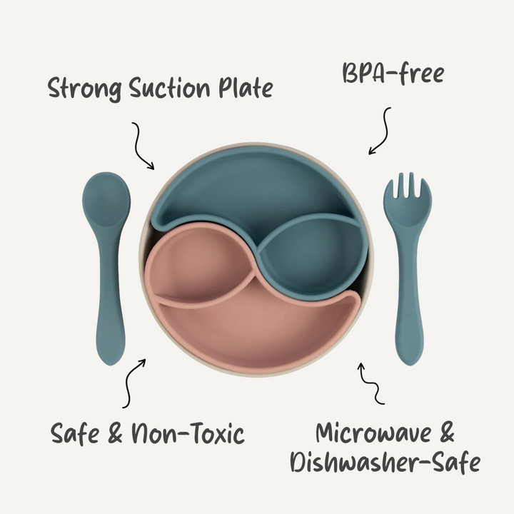 BabiesBasic Feeding Set with removable sections , 3 Piece Set with Silicone Plate, Spoon and Fork