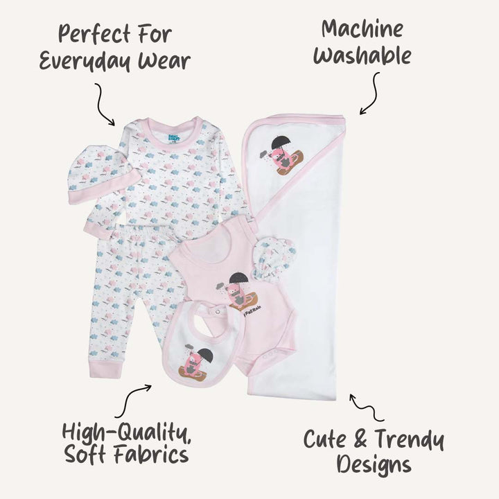 7pc Cotton Set - Bib, Romper, Mittens, Blanket, Cap, Top & Pyjama - PInk