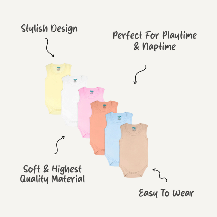 Babies Basic - 6pc-Set - 100% Cotton Sleeveless Bodysuit ‚ Blue, Brown, Orange,Pink,Lemon, White