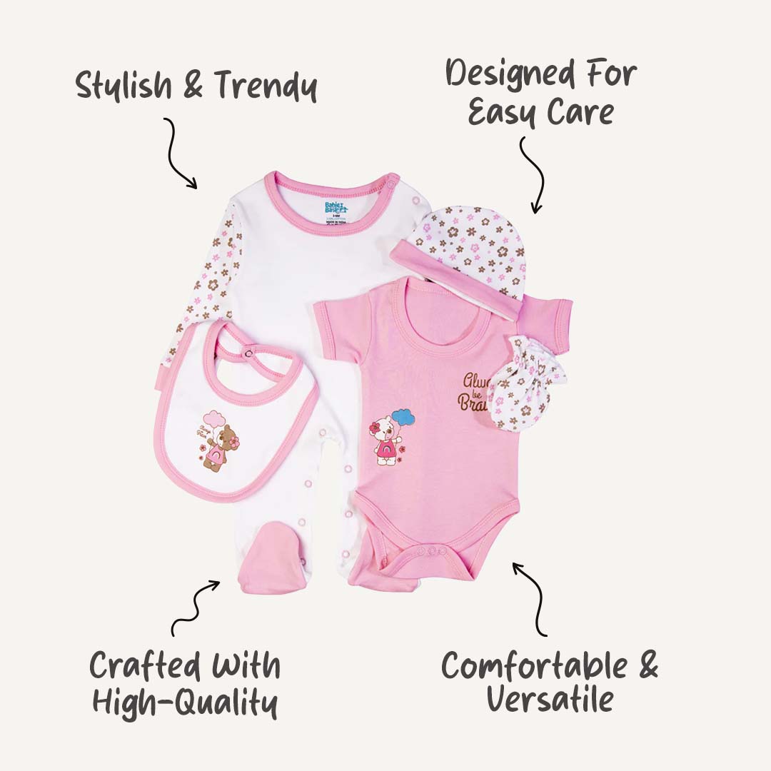 5pc Cotton Set - Bib, Romper, Mittens, Cap, Sleepsuit - Always be Brave - Pink