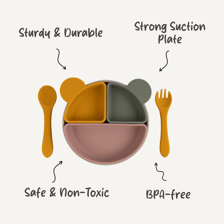 BabiesBasic Feeding Set with removable sections , 3 Piece Set with Silicone Plate, Spoon and Fork