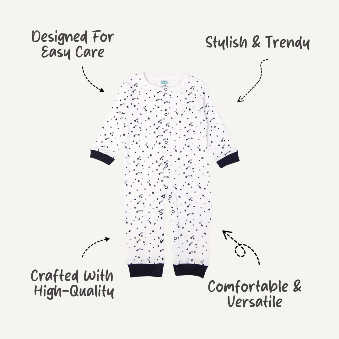 Babies Basic - Printed Cotton Long Sleeves Sleepsuit/Romper -White/Blue