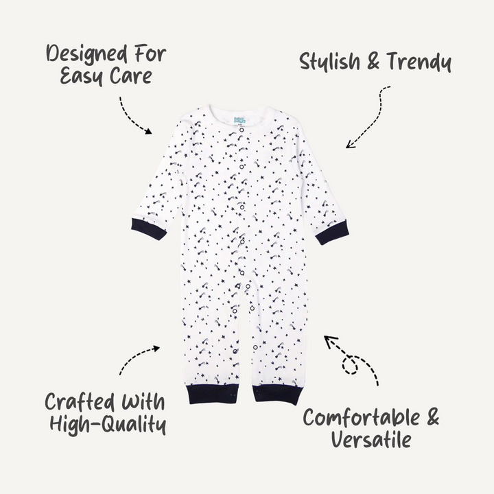 Babies Basic - Printed Cotton Long Sleeves Sleepsuit/Romper -White/Blue