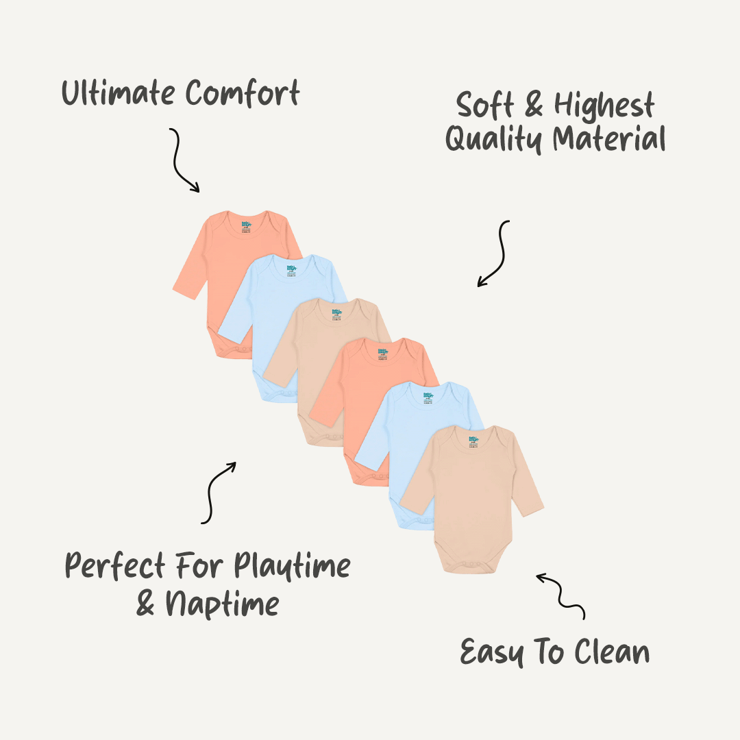 Babies Basic - 6pc-Set - 100% Cotton LongSleeves Bodysuit ‚ Blue, Brown, Orange