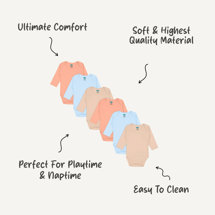 Babies Basic - 6pc-Set - 100% Cotton LongSleeves Bodysuit ‚ Blue, Brown, Orange