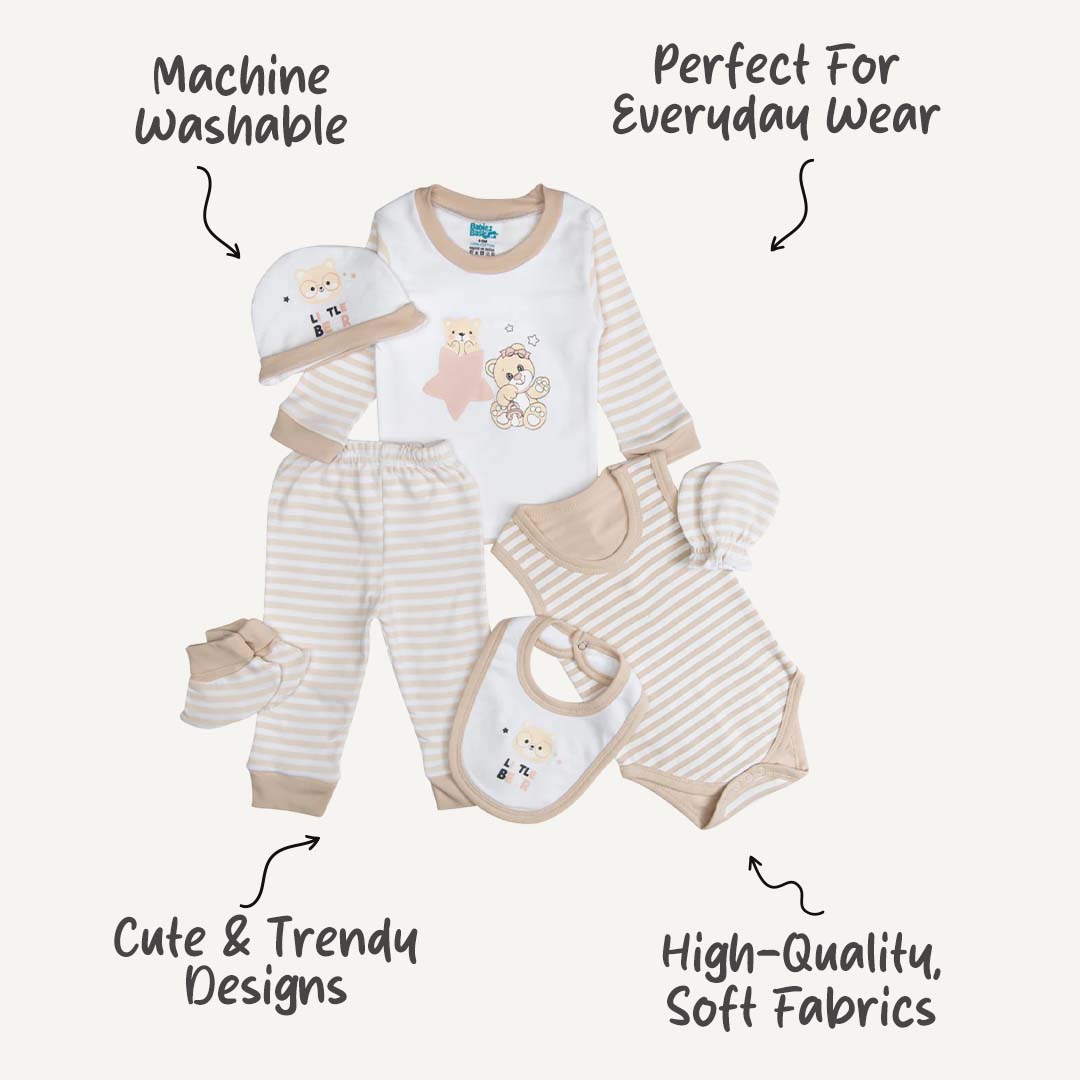 7pc Cotton Set - Bib, Romper, Mittens, Socks, Cap, Top & Pyjama -Brown
