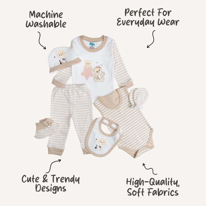 7pc Cotton Set - Bib, Romper, Mittens, Socks, Cap, Top & Pyjama -Brown