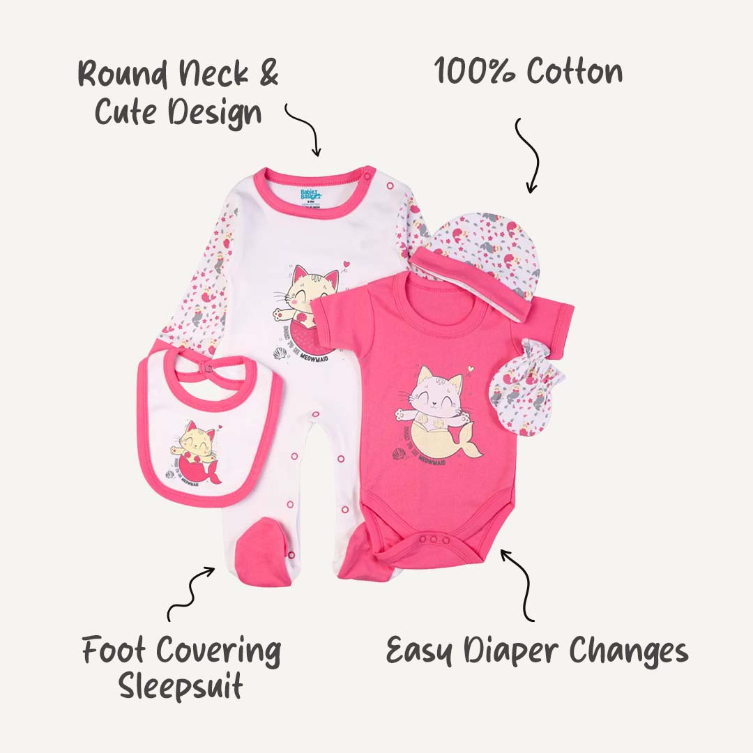 5pc Cotton Set - Bib, Romper, Mittens, Cap, Sleepsuit - Meowmaid - Red
